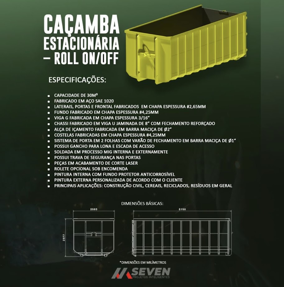 Caçamba Roll On/Off 30m³ Seven Caçambas — especificações técnicas completas